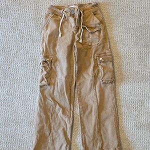 Tan Cargo Pants with Drawstring, Wide Leg